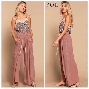 POL dusty rose floral leaf embroidered boho wide leg pants new soft lounge